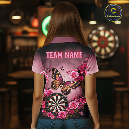 Back view of woman wearing a butterfly and rose darts shirt.
