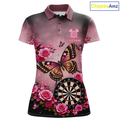 Butterfly and rose darts polo shirt for women with custom darts team graphics.