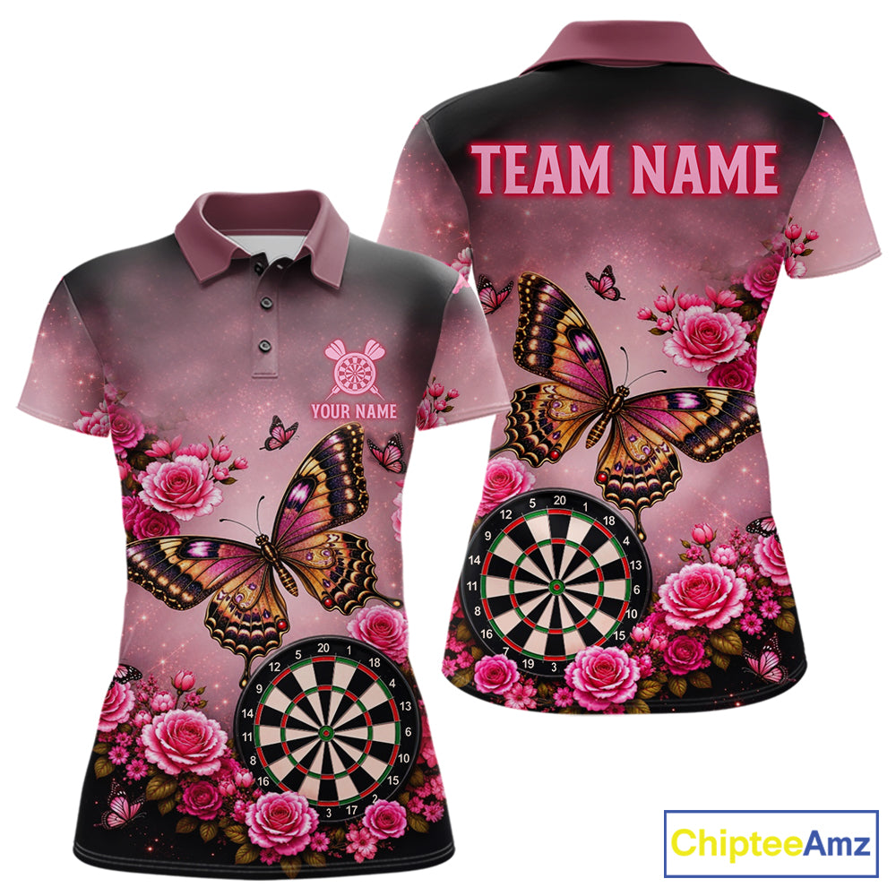 Butterfly and rose darts polo shirt for women with custom darts team graphics.