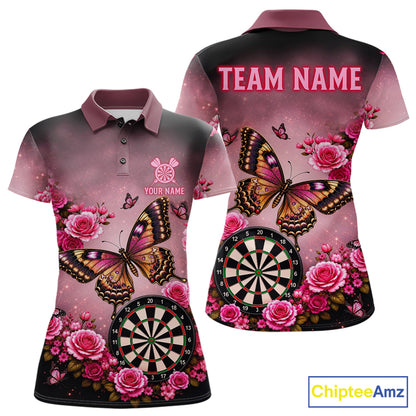 Butterfly and rose darts polo shirt for women with custom darts team graphics.