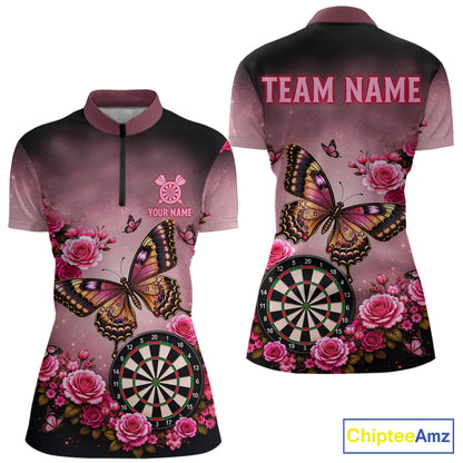 Butterfly and rose darts quarter zip shirt for women designed for league tournaments and team events.