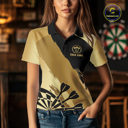 Woman wearing a black and gold dartboard crown darts jersey front view.