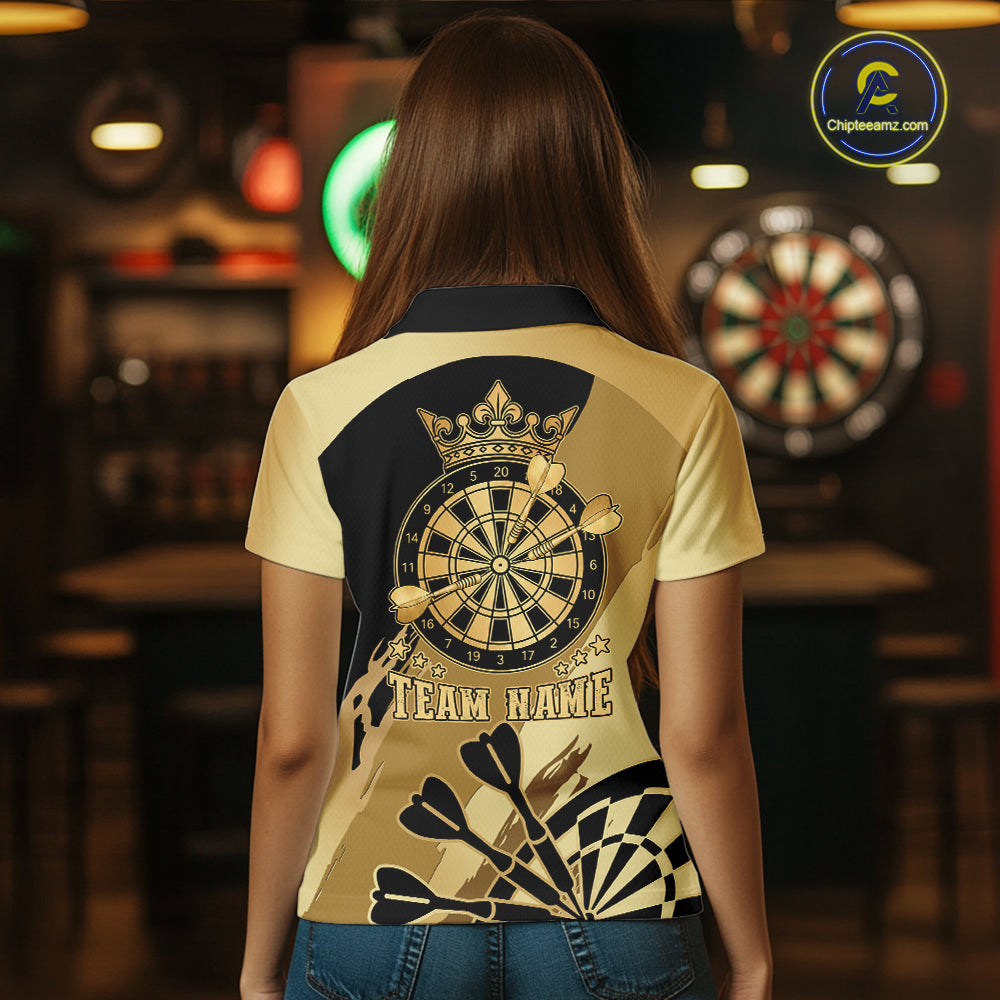 Back view of woman wearing a black and gold dartboard crown darts shirt.
