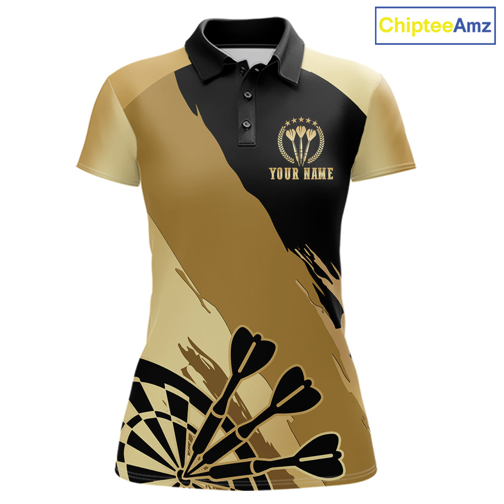 Black and gold dartboard crown darts polo shirt for women with custom darts league team graphics.