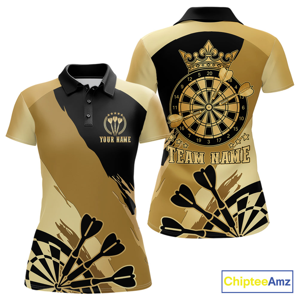 Black and gold dartboard crown darts polo shirt for women with custom darts league team graphics.