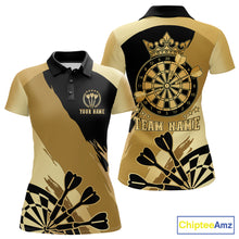 Load image into Gallery viewer, Black and gold dartboard crown darts polo shirt for women with custom darts league team graphics.