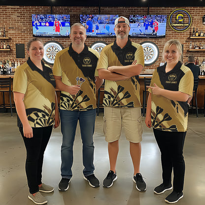 Darts team wearing matching black and gold dartboard crown darts jerseys during league competition front view.