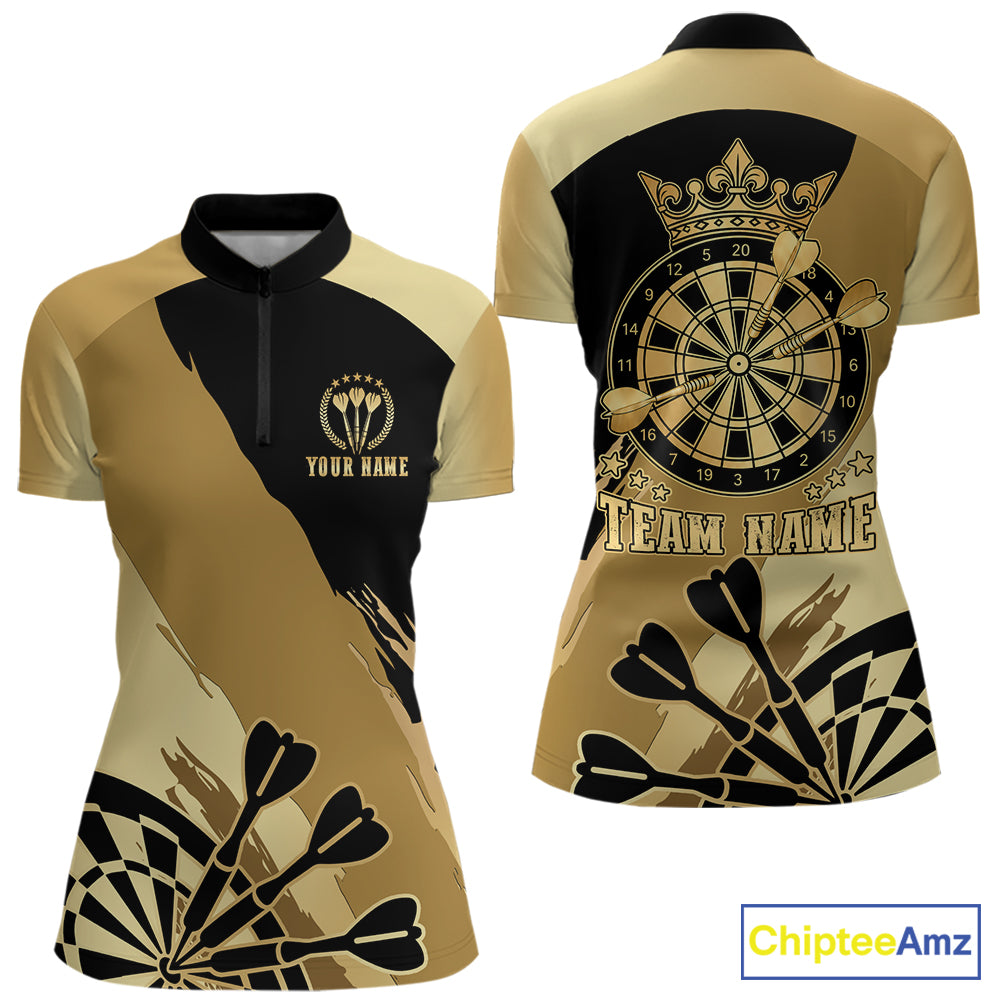 Black and gold dartboard crown darts quarter zip shirt for women designed for league tournaments and team events.
