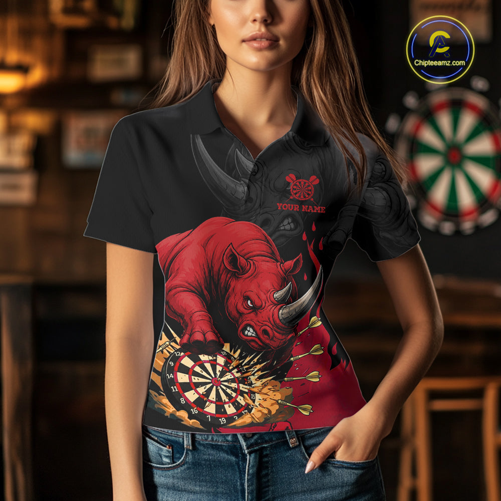 Woman wearing a black and red funny rhino darts jersey front view.