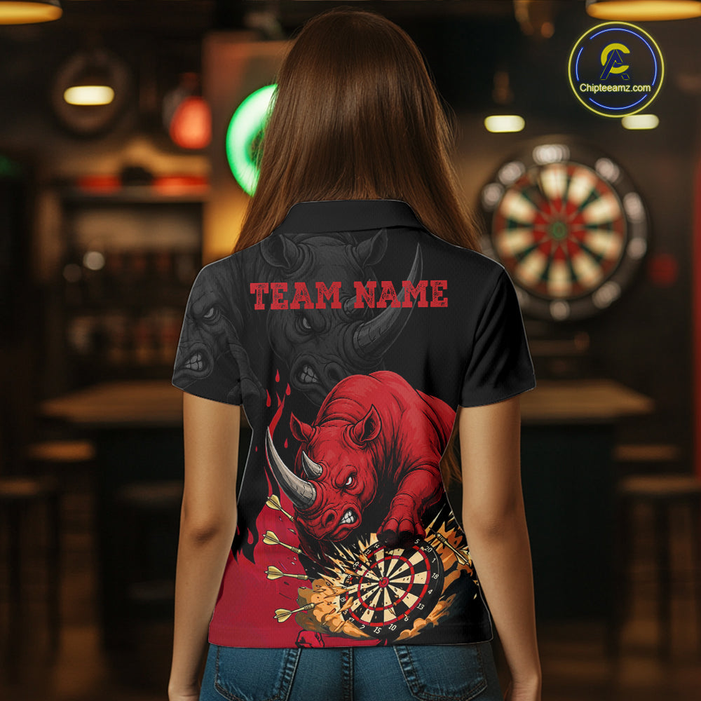 Back view of woman wearing a black and red funny rhino darts shirt.