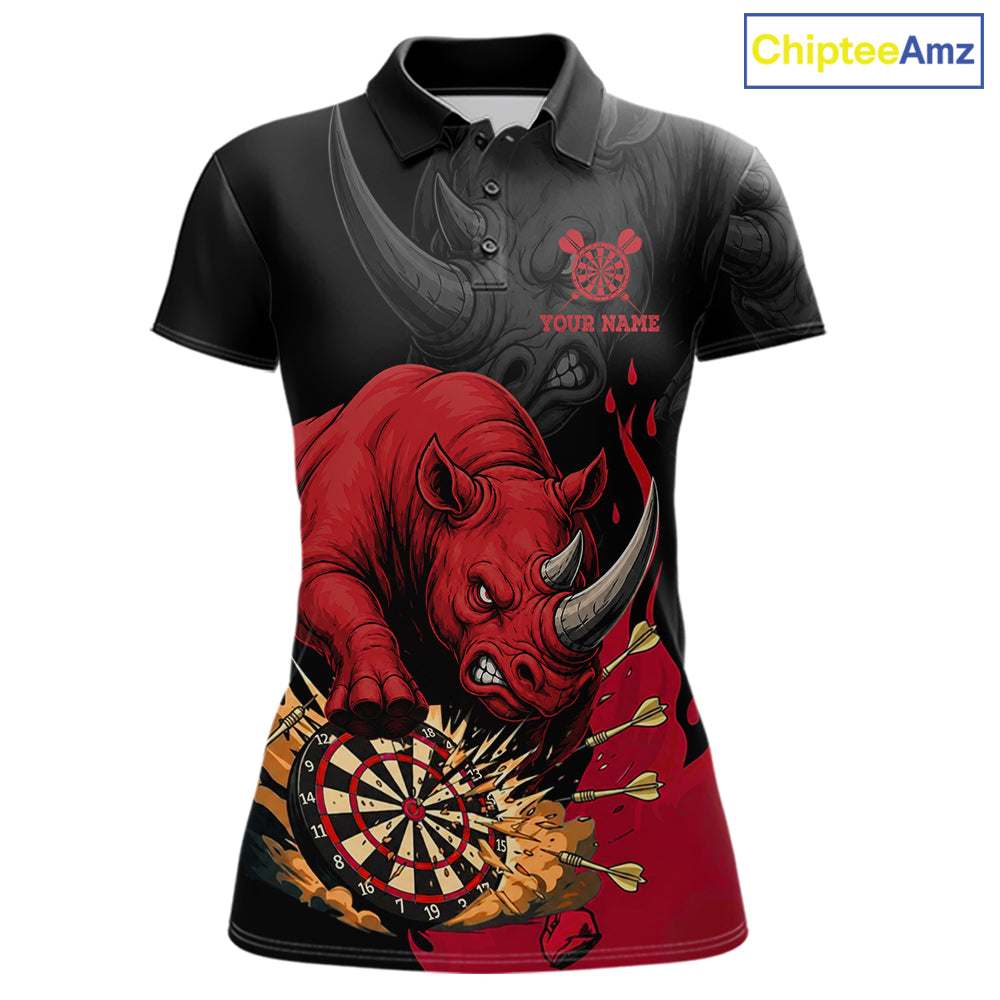Black and red funny rhino darts polo shirt for women with custom darts team graphics.