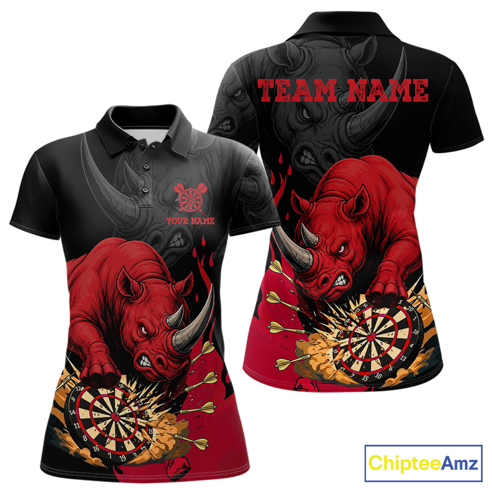 Black and red funny rhino darts polo shirt for women with custom darts team graphics.