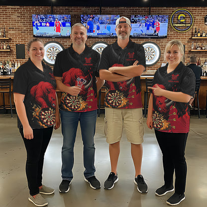Darts team wearing matching black and red rhino darts jerseys during league competition front view.