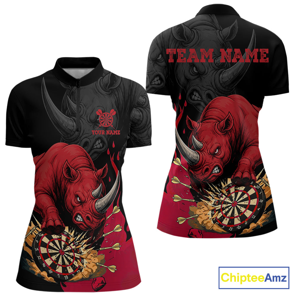 Black and red funny rhino darts quarter zip shirt for women designed for league tournaments and team events.