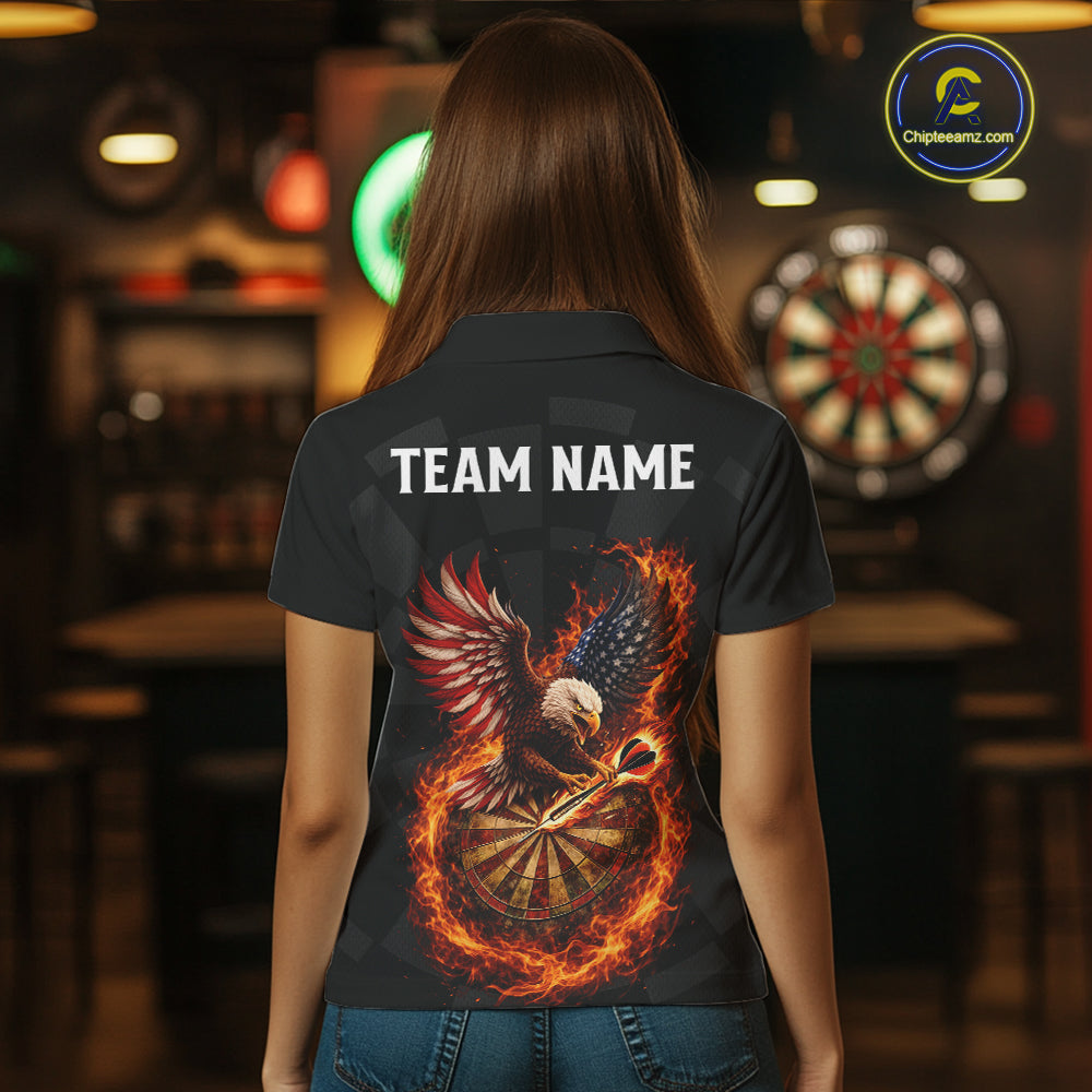 Personalized Fire Flame US Flag Eagle Darts Shirt For Women Custom Darts Jersey Team Polo & 1/4 Zip TDM5760