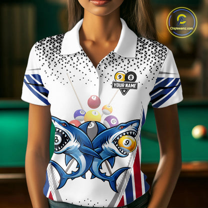 Funny Shark 8 Ball & 9 Ball Pool Billiard Shirt For Women Custom Billiard Team Jersey Polo & 1/4 Zip TDM5965