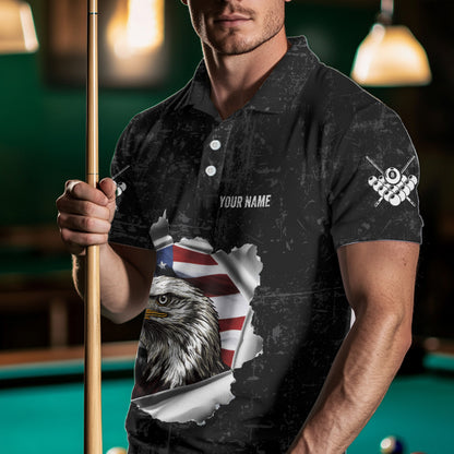 Personalized 8 Ball Pool Eagle US Flag Billiard Shirts For Men Custom Black Grunge Billiard Jerseys TDM3762