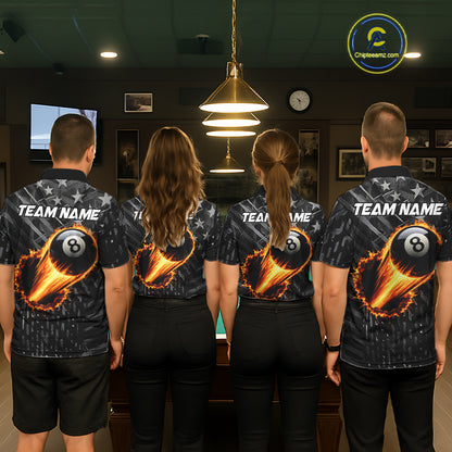 Black US Flag 8 Ball Fire Billiard Shirt For Men Custom Billiard Team Jersey Polo & 1/4 Zip TDM6122