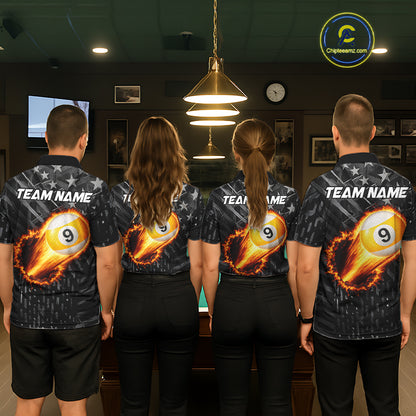 Black US Flag 9 Ball Fire Billiard Shirt For Men Custom Billiard Team Jersey Polo & 1/4 Zip TDM6123