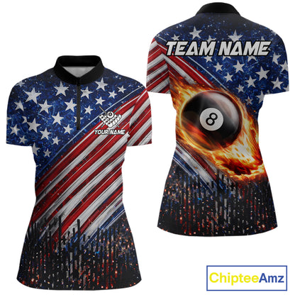 American Flag Fire 8 Ball Pool Billiard Shirt For Women Custom Billiard Team Jersey Polo & 1/4 Zip TDM6124