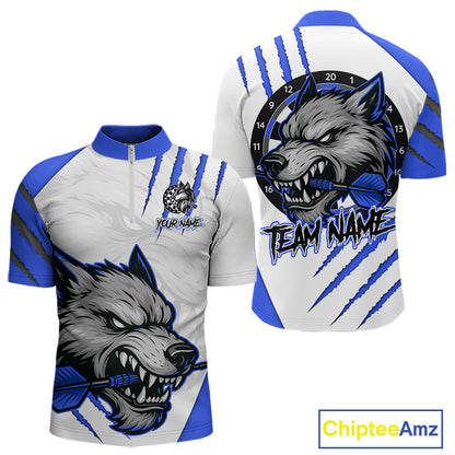 Blue And White Custom Claw Wolf Dart Shirts For Men, Dart Team Shirt Polo & 1/4 Zip, Dart Jerseys TDM4032