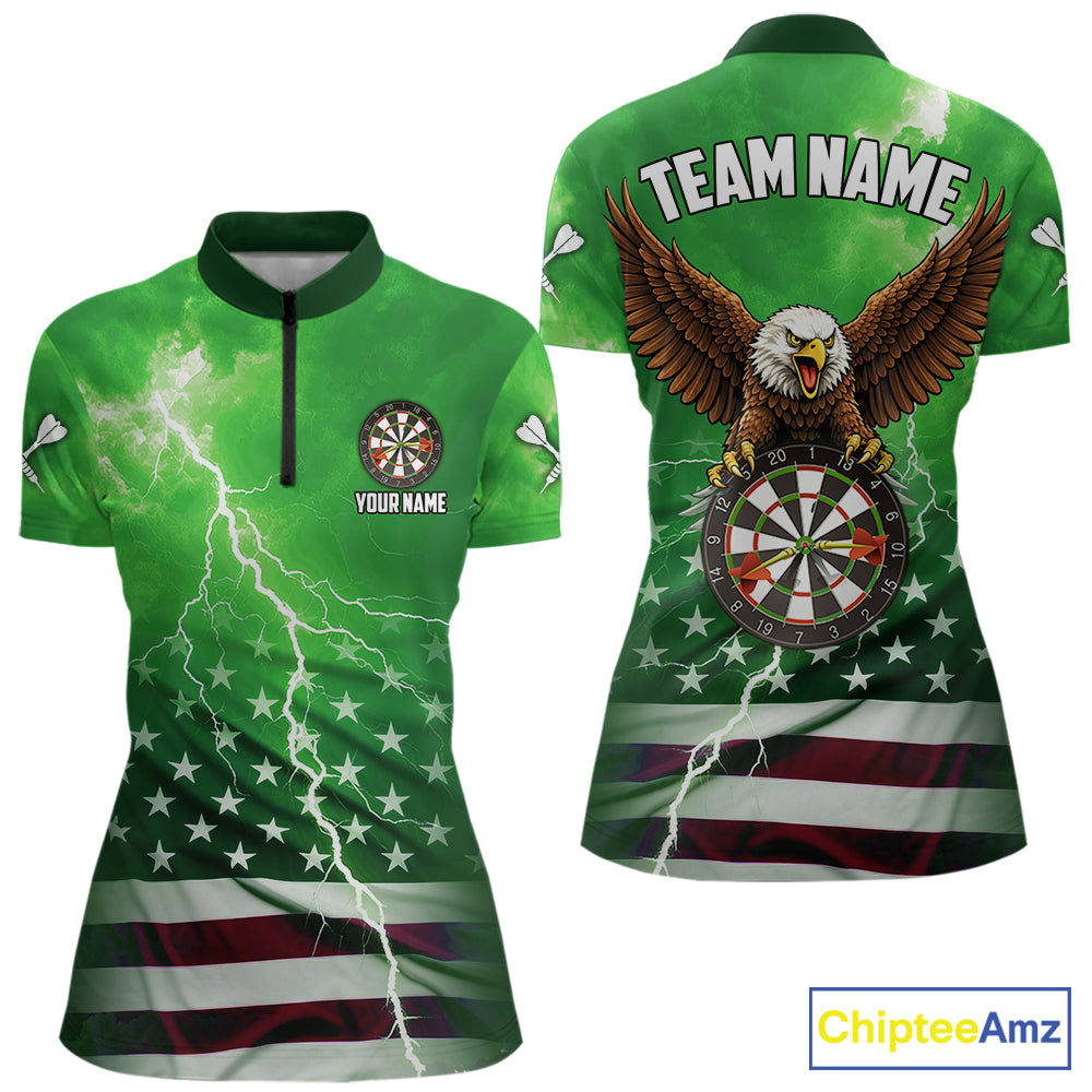 Green Lightning American Flag Eagle Dart Shirt With Pocket Option For Women TDM6552