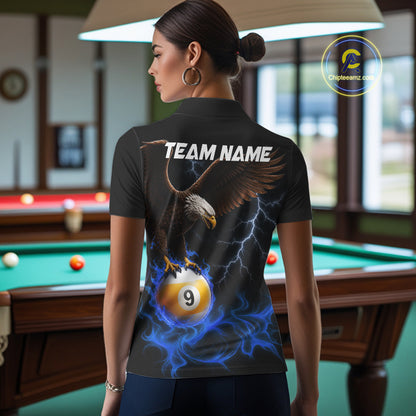 Blue Flaming Eagle 8 Ball & 9 Ball Billiard Shirts For Women Custom Pool Team Jersey Polo & 1/4 Zip TDM6561