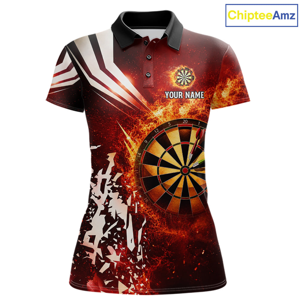 Red fire dartboard darts polo shirt for women with custom darts team graphics.