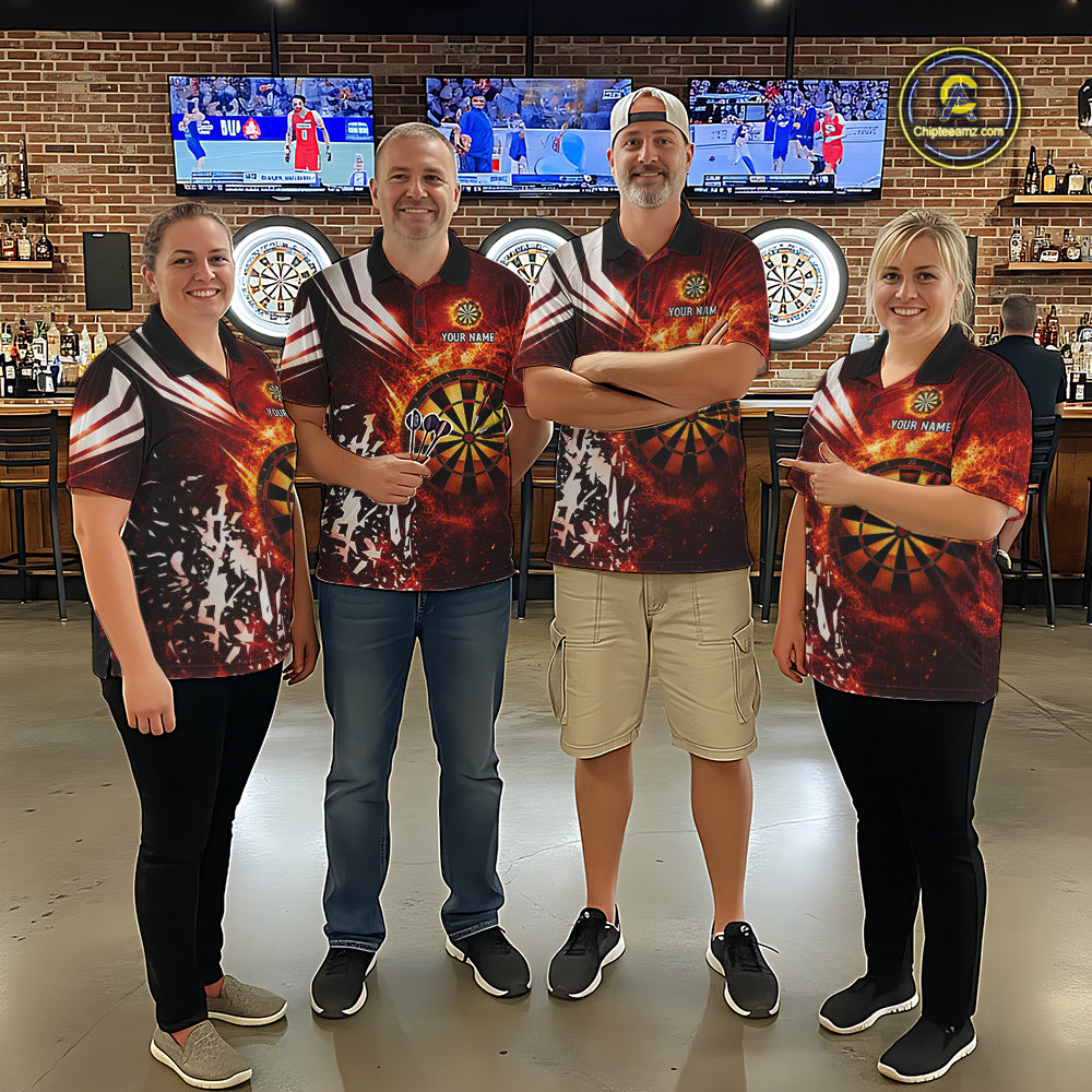 Darts team wearing matching red fire dartboard darts jerseys during league competition front view.