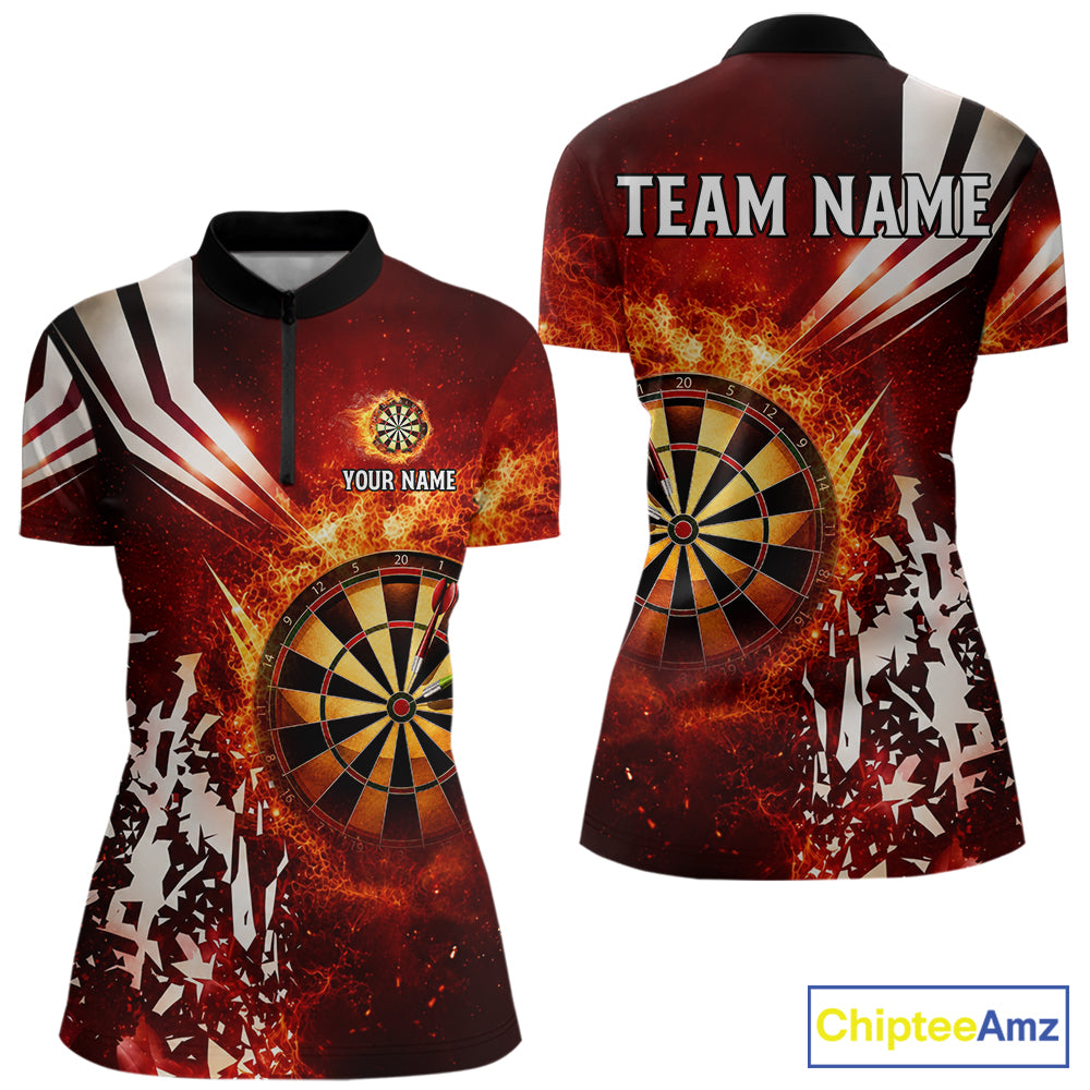Red fire dartboard darts quarter zip shirt for women designed for league tournaments and team events.