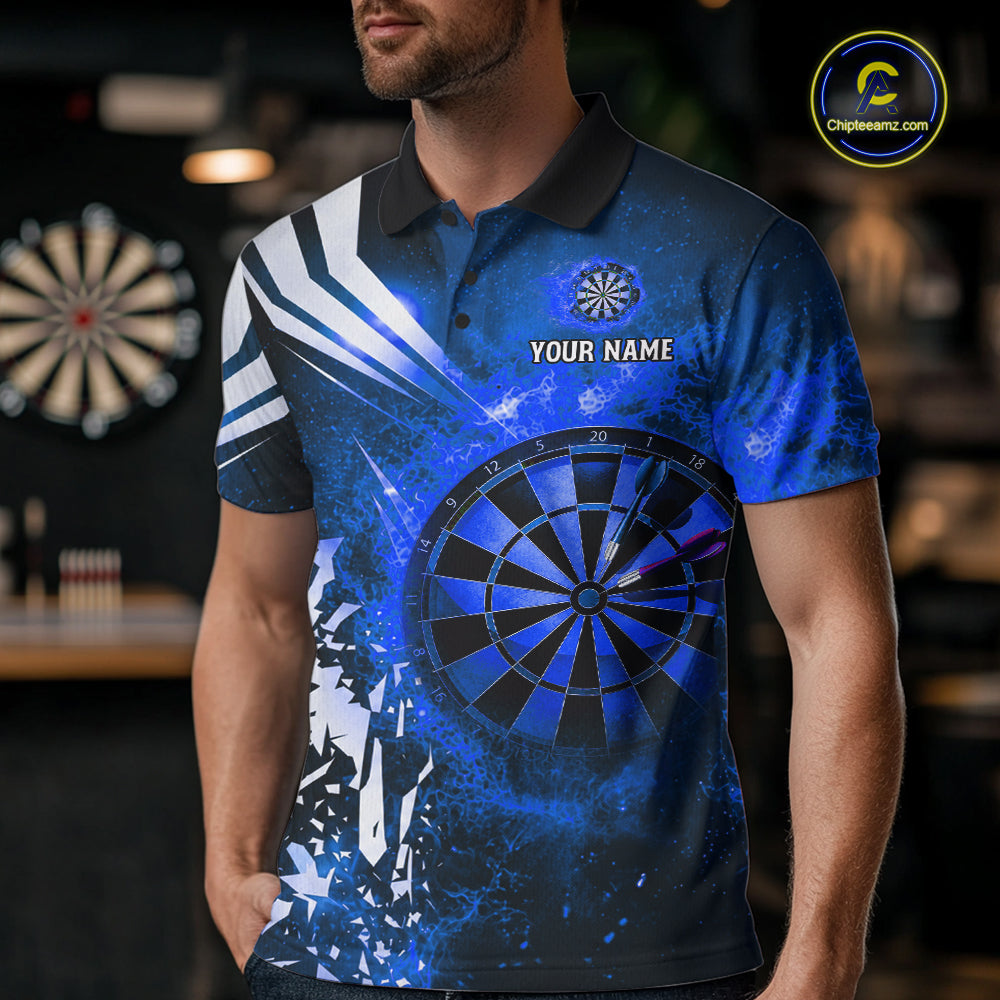 Man wearing a blue fire dartboard darts jersey front view.