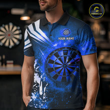 Load image into Gallery viewer, Man wearing a blue fire dartboard darts jersey front view.