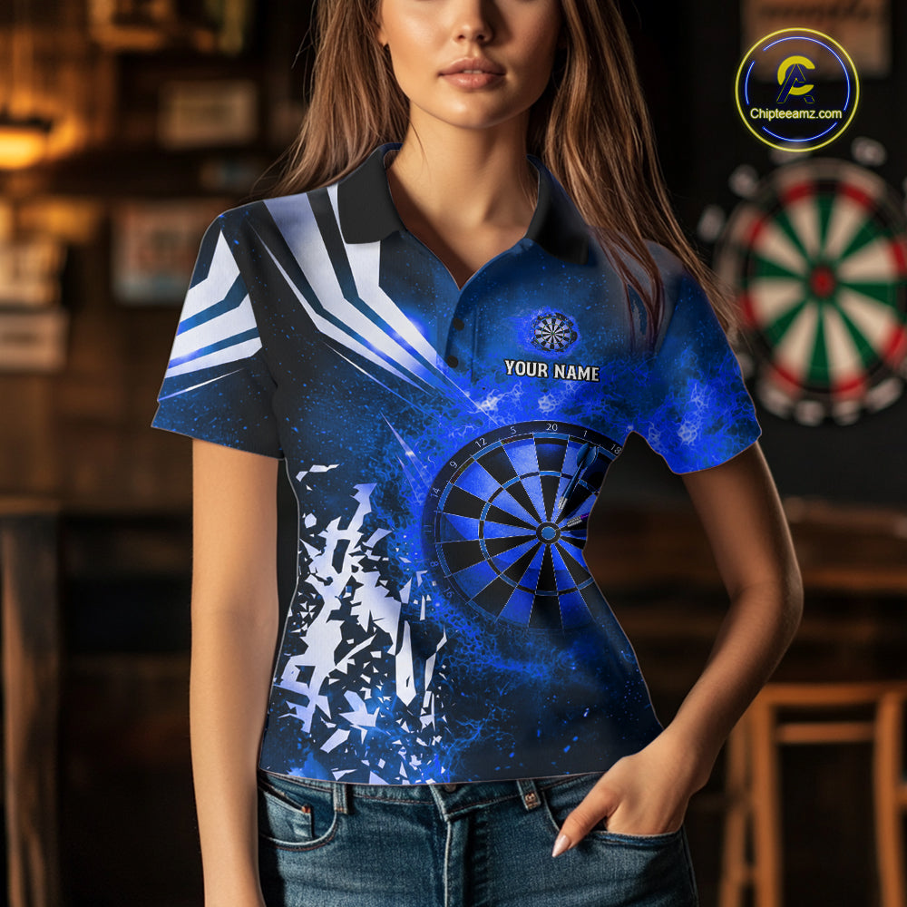 Woman wearing a blue fire dartboard darts jersey front view.
