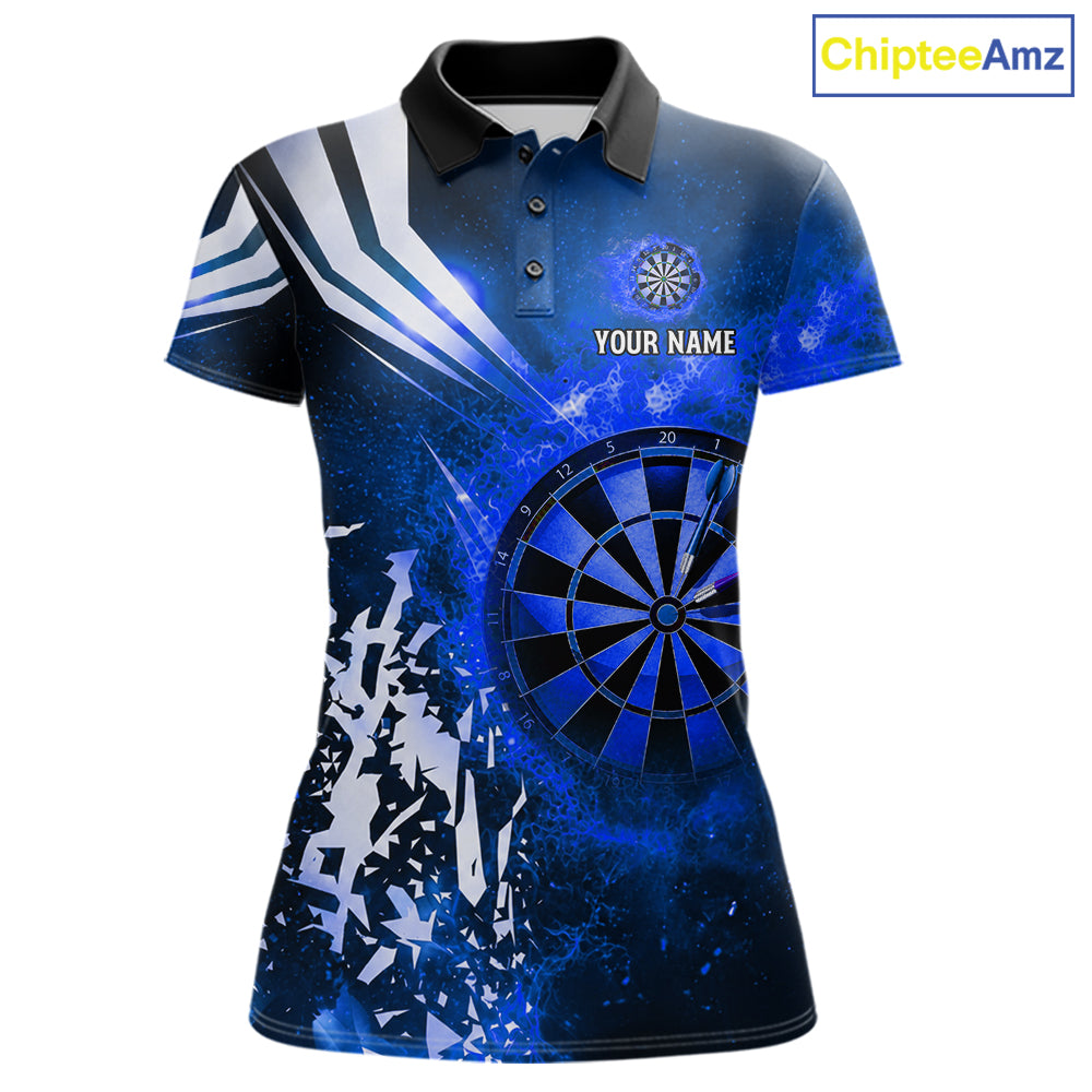 Blue fire dartboard darts polo shirt for women with custom darts team graphics.