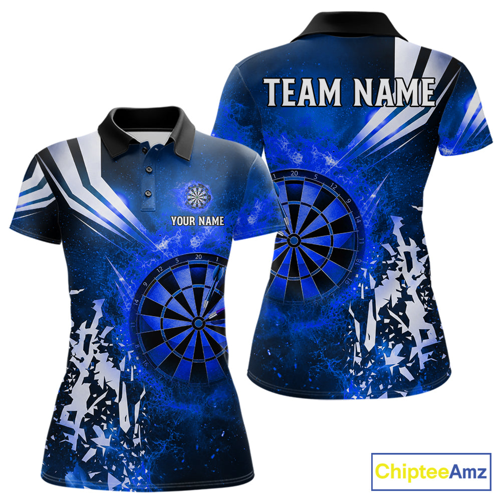 Blue fire dartboard darts polo shirt for women with custom darts team graphics.