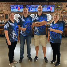 Load image into Gallery viewer, Darts team wearing matching blue fire dartboard darts jerseys during league competition front view.