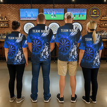 Load image into Gallery viewer, Back view of darts players wearing matching blue fire dartboard darts shirts.
