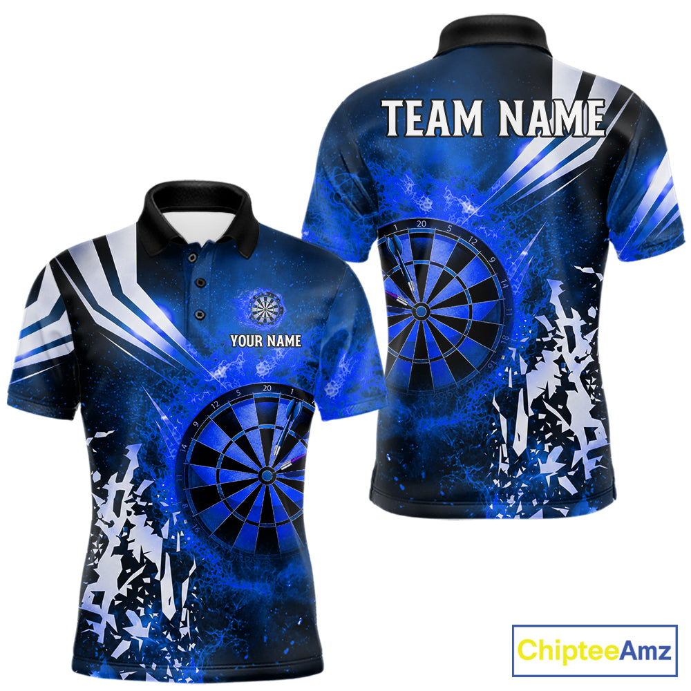 Blue fire dartboard darts polo shirt for men with custom darts team graphics.