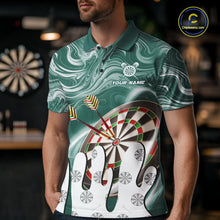 Load image into Gallery viewer, Man wearing a green marble swirl darts jersey front view.