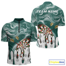 Load image into Gallery viewer, Green marble swirl darts quarter zip shirt for men designed for league tournaments and team events.