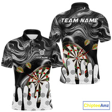 Load image into Gallery viewer, Black marble swirl darts polo shirt for men with custom darts team graphics.