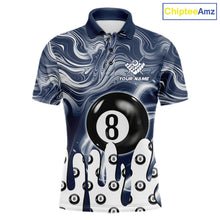 Load image into Gallery viewer, Blue marble swirl 8 ball billiard polo shirt for men with custom pool team graphics.