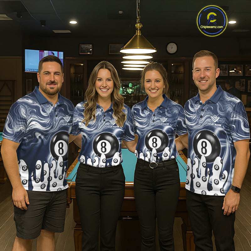 Pool team wearing matching blue marble swirl 8 ball billiard jerseys during tournament competition front view.