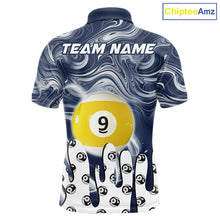 Load image into Gallery viewer, Blue marble swirl 8 ball and 9 ball billiard polo shirt for men with custom pool team graphics.