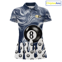 Load image into Gallery viewer, Blue marble swirl 8 ball and 9 ball billiard polo shirt for women with custom pool team graphics.