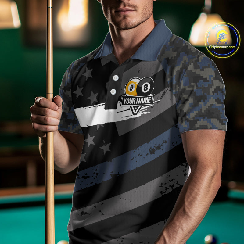 Blue Camo US Flag 8 Ball & 9 Ball Pool Jersey For Men Custom Billiard Team Shirt Polo & 1/4 Zip TDM5035