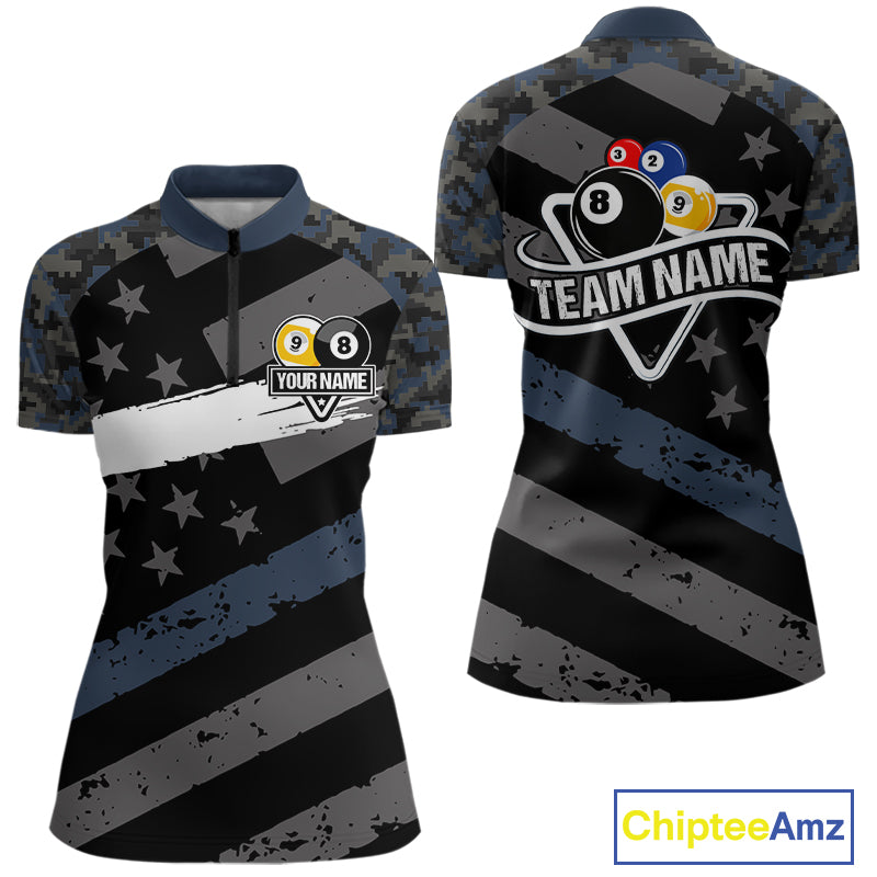 Blue Camo US Flag 8 Ball & 9 Ball Pool Jersey For Women Custom Billiard Team Shirt Polo & 1/4 Zip TDM5035