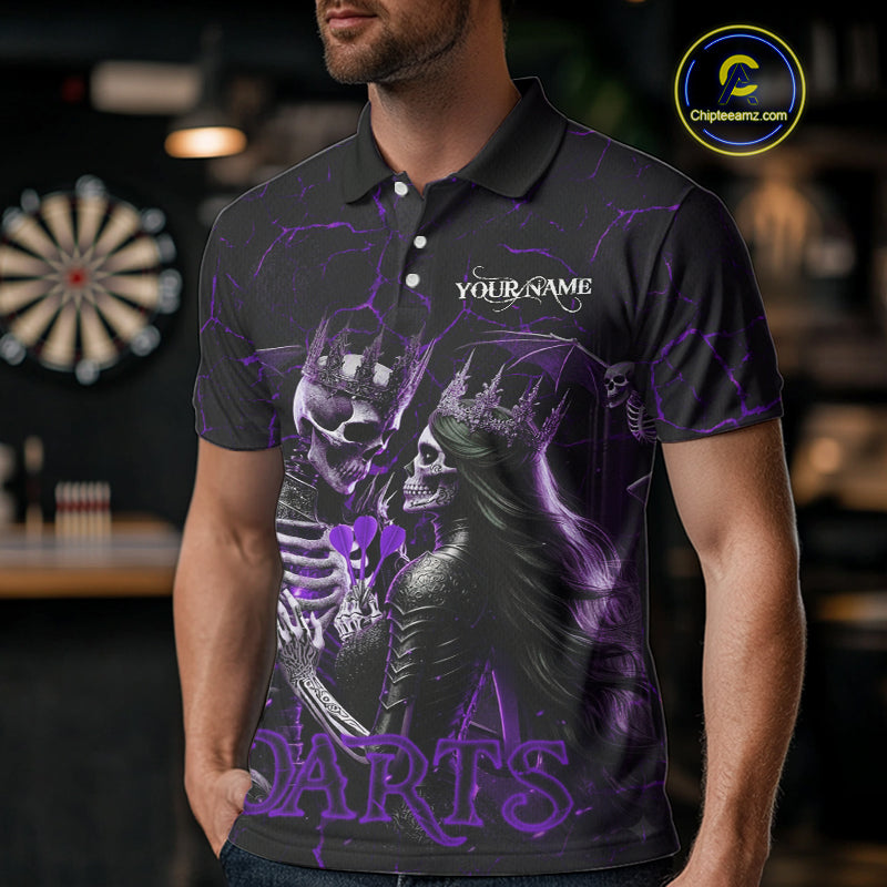 Personalized Skeleton Couple And Roses Gothic Darts Shirt For Men, Darts Jersey Outfit | Purple TDM5040