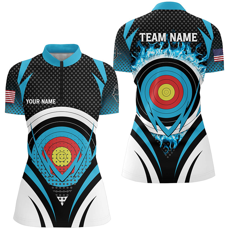 Blue Flaming Archery Target Board Custom Women Quarter-Zip Shirts, Archery Jerseys Uniform  TDM0609