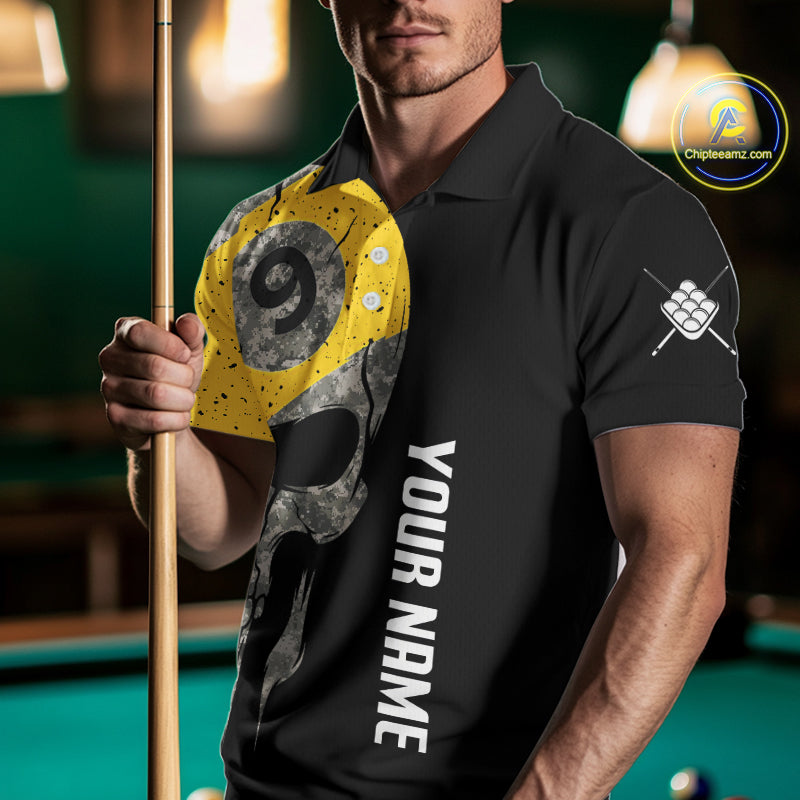 Personalized 9 Ball Camo Skull Billiard Shirt For Men, US Flag Pool Team Jerseys Polo & 1/4 Zip TDM5251